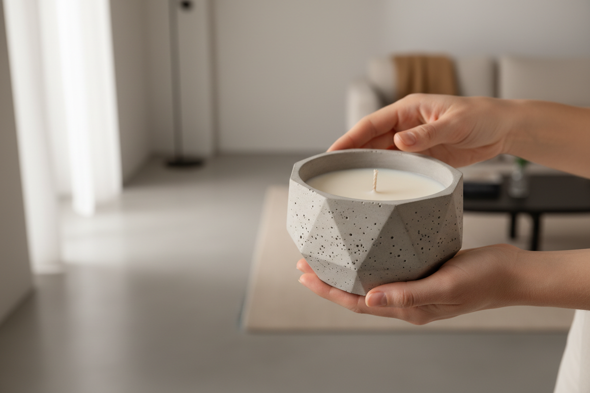 CHICA CON UN CUENCO DE CONCRETO GEOMETRICO CON VELA TOMANDOLO CON  LA MANO QUE NO SE VEA SU ROSTRO QUE ESTE EN UN LUGAR MINIMALISTA ELEGANTE 