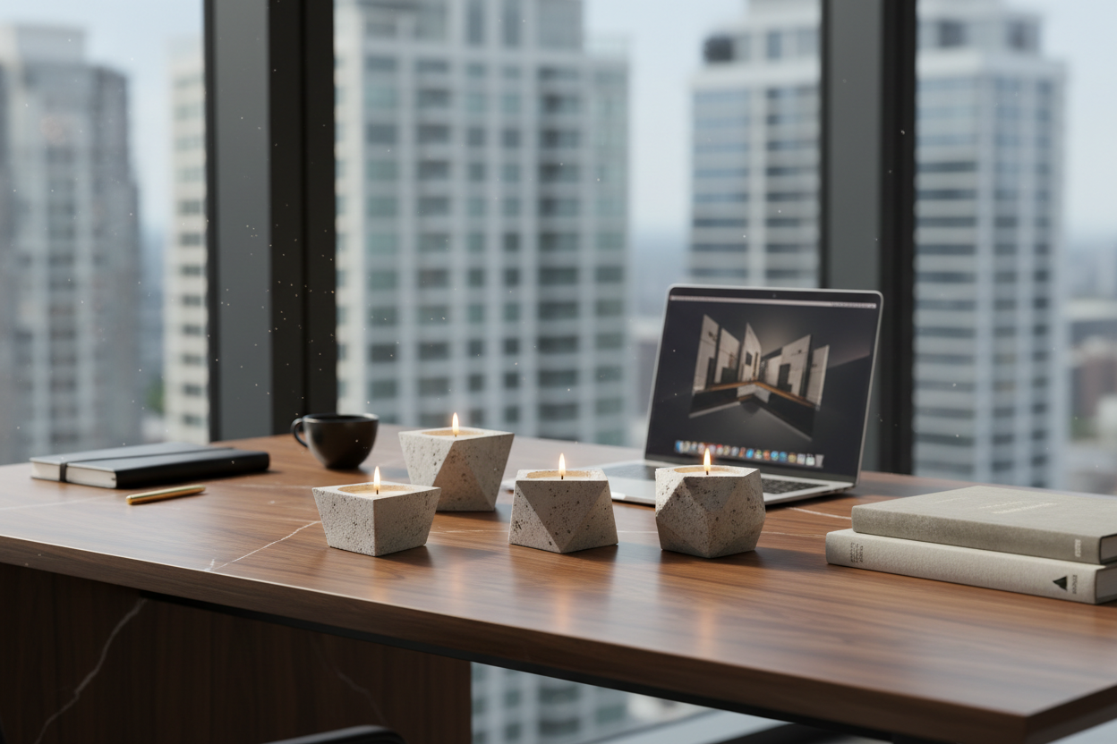 CREA UNA IMAGEN CON CUENCOS DE VELAS GOEMETRICOS PEQUEÑOS EN UN LUGAR EN UN ESCRITORIO DE LUJO