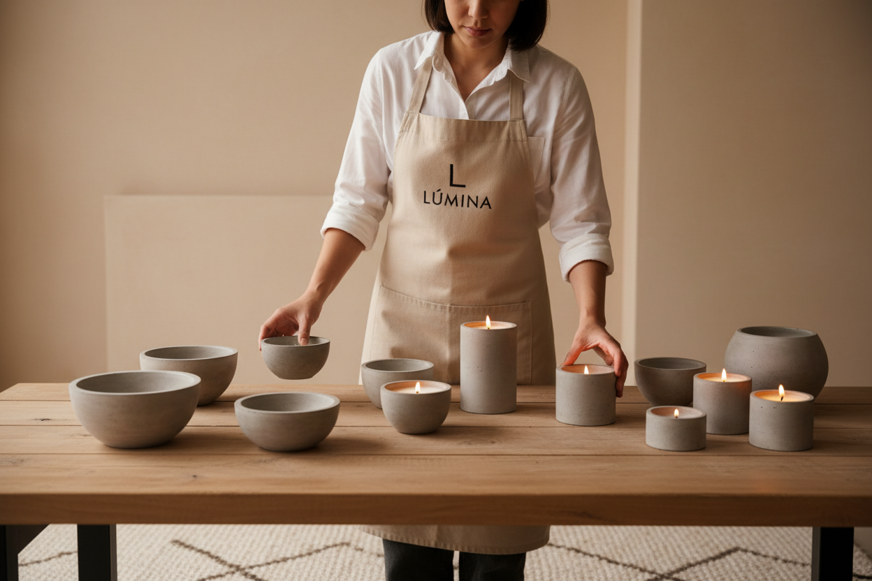 crea una imagen mia con cuenco de concreto y vela con camisa blanca y mandil beige que tenga logo de Lúmina en un liuhar calido y minimalista 
