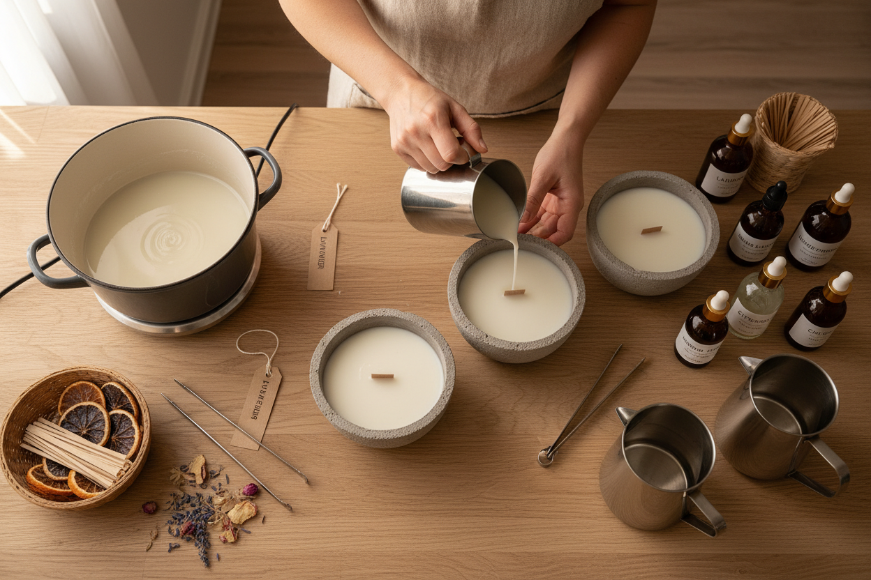 crear una imagen una mujer con mandil beige elaborando velas en loc cuencos de concreto que no se vea la mujero donde su puedan ver las botellas de aceite aromático olla para derretir la cera las mechas de algodon mechas de madera y varios jarras de vertido de cera