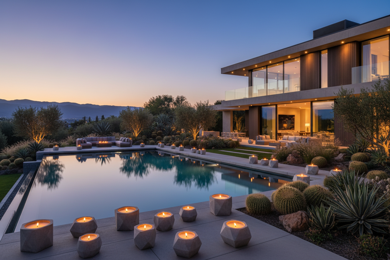 diseñar una imagen de una casa de con jadin grande y piscina estilo moderno decorado con velas encendidaa en cuencos de cemento geometricos pequeños lujo total  