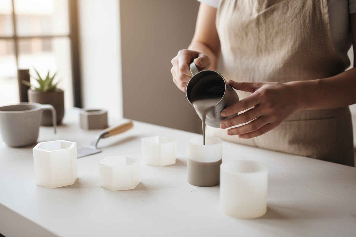 realizar una imagen de vertido de mezcla de cemento en moldes geométricos de silicona una mujer con mandil beige sin que se ve el rostro